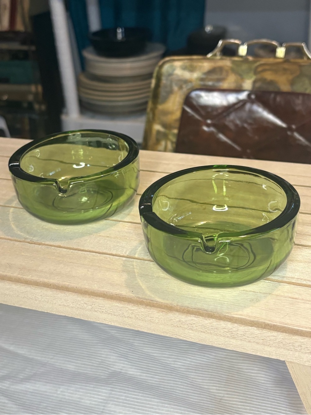 Vintage Green Glass Ashtrays - Set of 2